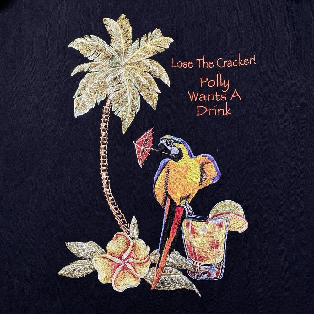Vintage Luau Embroidered Parrot Tropical Hawaiian Shirt M Mens Finest Silk Black